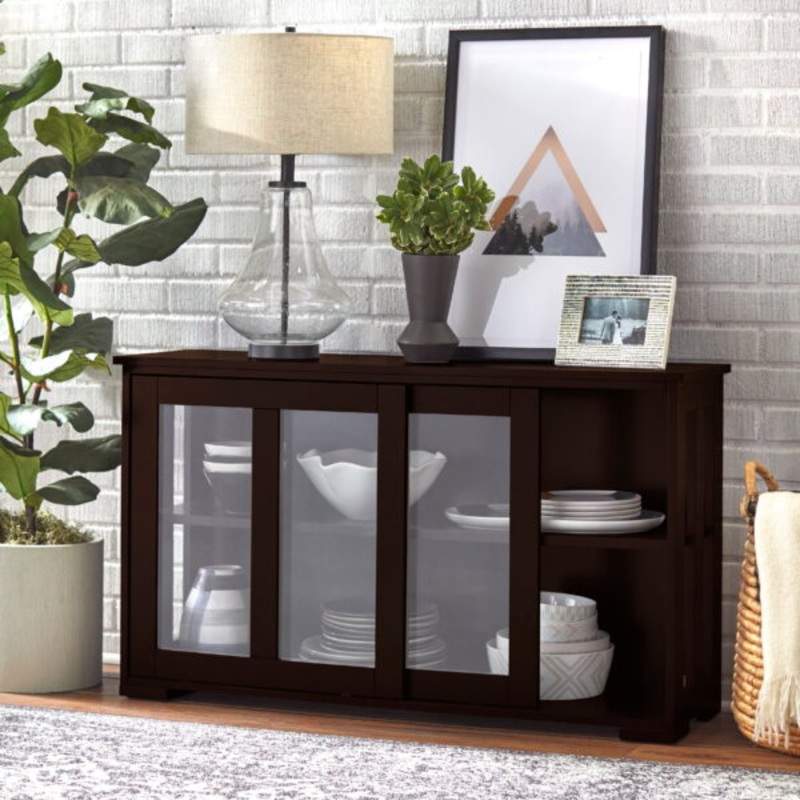 TMS 42 Wide Contemporary Tempered Glass Sliding Door Stackable Dining Room Sideboard, Espresso Brown Finish | Bigbigmart.com
