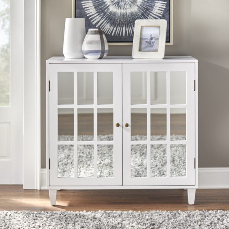 TMS Alonzo Farmhouse Mirrored Door Sideboard, 35.5 wide x 34 high, White | Bigbigmart.com