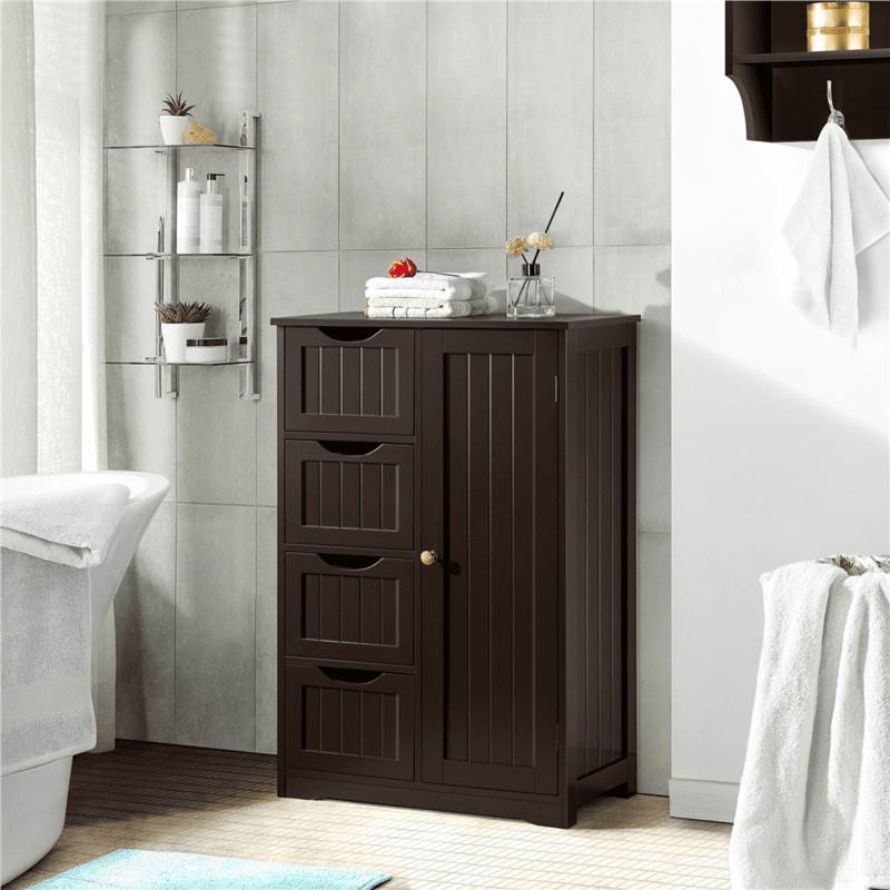 Alden Design Wooden Bathroom Storage Cabinet with 4 Drawers & Cupboard, Espresso | Bigbigmart.com