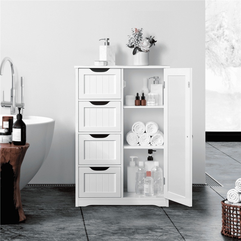 Alden Design Wooden Bathroom Storage Cabinet with 4 Drawers & Cupboard, White | Bigbigmart.com