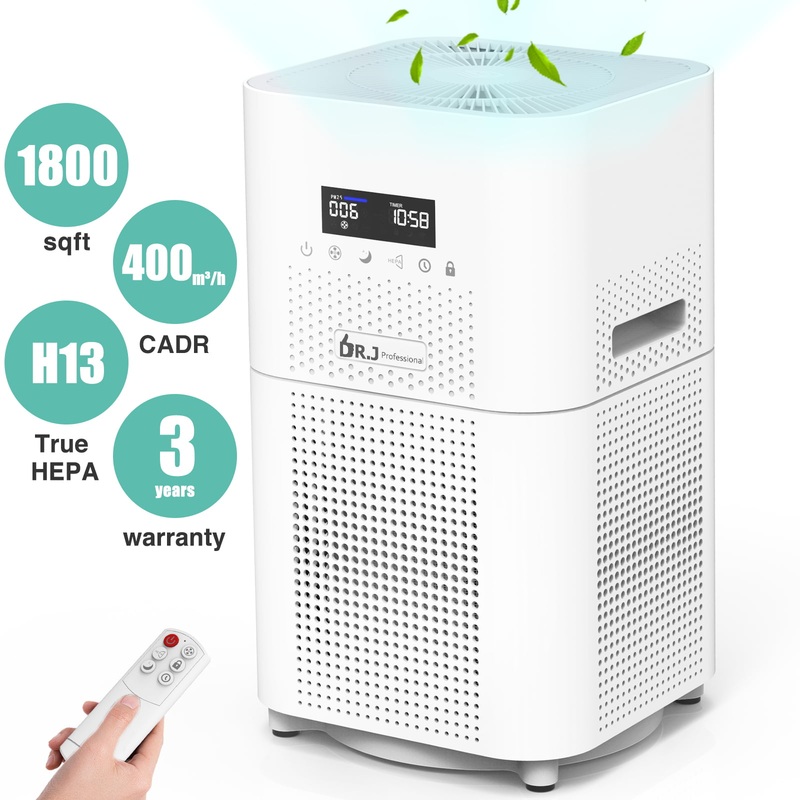 DR.J Professional Air Purifier for Home Large Room, 1800 sq. ft, H13 True HEPA Filter, 4-Stage Auto Mode 12H Timer | Bigbigmart.com