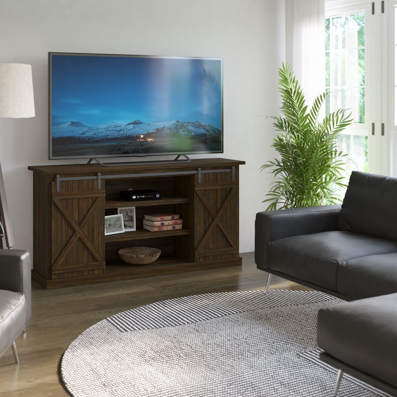 Farmhouse TV Stand for TVs up to 70 inches with Sliding Barn Doors in Saw Cut Espresso | Bigbigmart.com