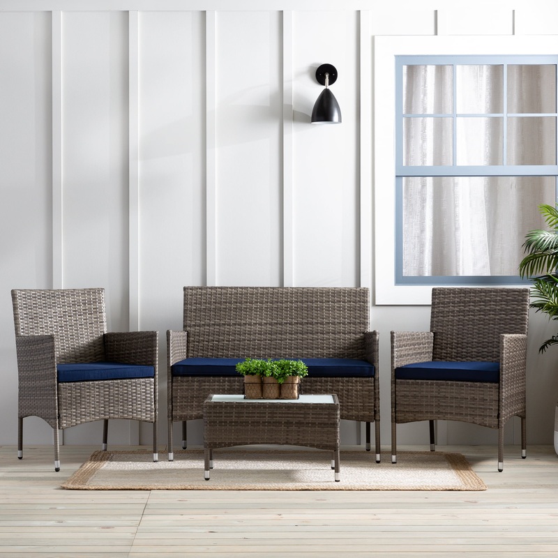 Mayview 4-Piece Rattan Outdoor Patio Conversation Set, Navy & Gray | Bigbigmart.com