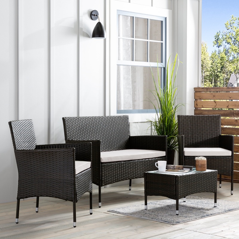 Mayview 4-Piece Rattan Outdoor Patio Conversation Set, White & Brown | Bigbigmart.com