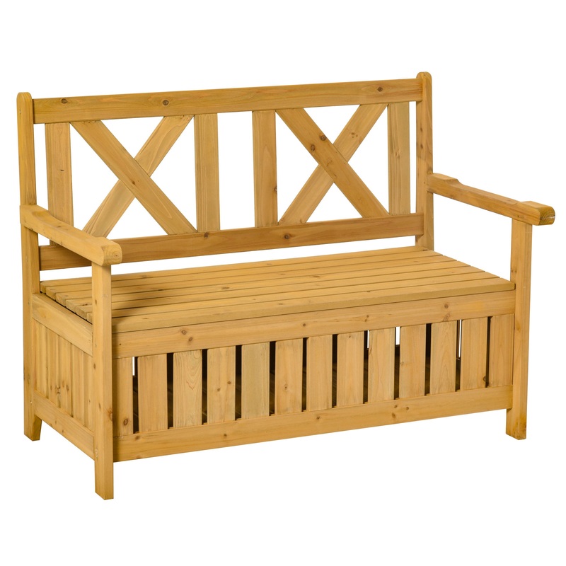 Outsunny 45.25 Patio Loveseat Wooden Bench for Two Person, 29 Gallon Outdoor Storage Bench, Large Entryway Deck Box w/ Unique X-Shape Back, for Deck, Porch & Balcony, Yellow | Bigbigmart.com