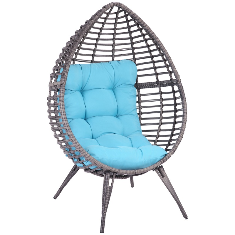 Outsunny Egg Chair w/ Soft Cushion, Teardrop Cuddle Seat, Outdoor / Indoor, PE Plastic Rattan Furniture, Adjustable Height, Light Blue | Bigbigmart.com