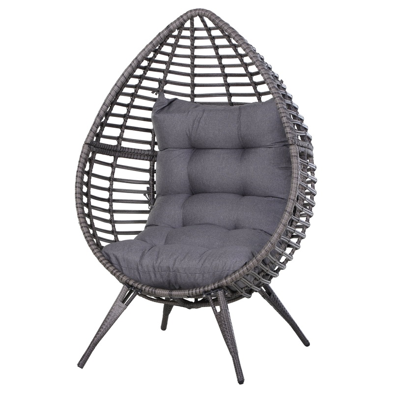 Outsunny Patio Wicker Egg Chair w/ Soft Cushion, Teardrop Cuddle Seat, Outdoor / Indoor Patio Chair, PE Plastic Rattan Furniture with Adjustable Height Feet Pads, Beige | Bigbigmart.com