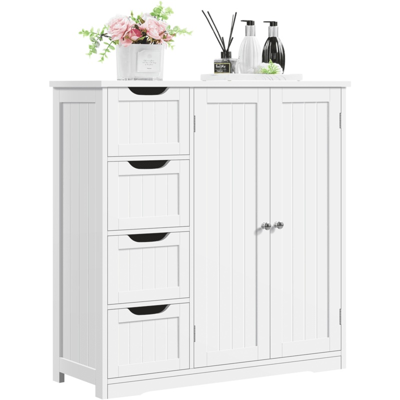 SmileMart Wooden Bathroom Floor Storage Cabinet with 4 Drawers and Double Doors for Home, White | Bigbigmart.com