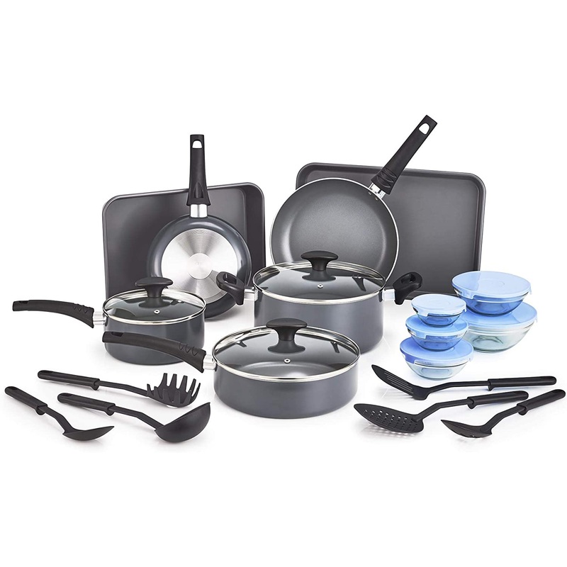 BELLA Nonstick Cookware Set with Glass Lids – Aluminum Bakeware, Pots and Pans, Storage Bowls & Utensils, Compatible with All Stovetops, 21 Piece, Black | Bigbigmart.com