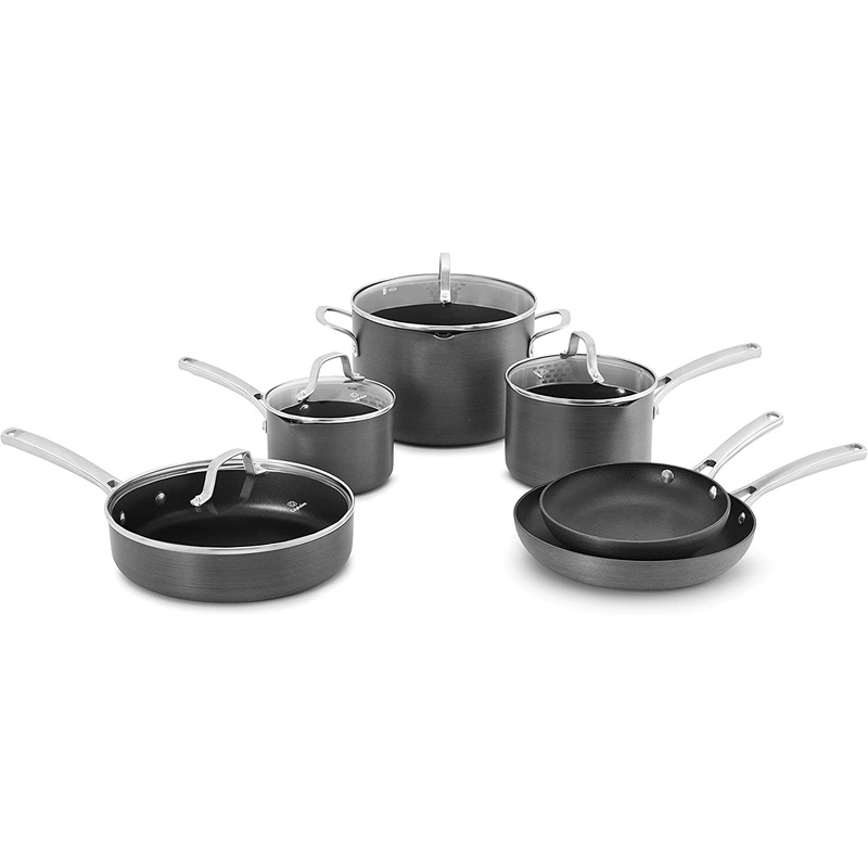 Calphalon 10-Piece Pots and Pans Set, Nonstick Kitchen Cookware with Stay-Cool Stainless Steel Handles and Pour Spouts, Grey | Bigbigmart.com