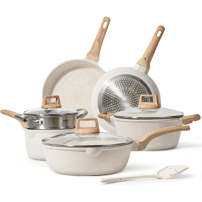 CAROTE Pots and Pans Set Nonstick, White Granite Induction Kitchen Cookware Sets, 10 Pcs Non Stick Cooking Set w/Frying Pans & Saucepans(PFOS, PFOA Free) | Bigbigmart.com