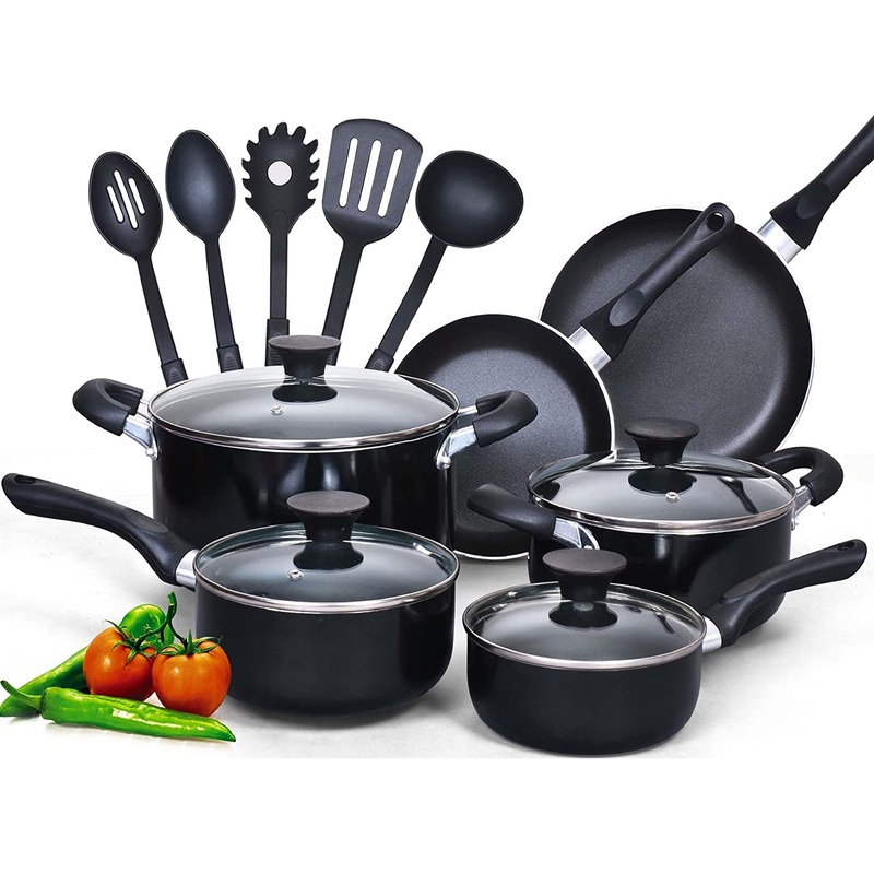 Cook N Home 15-Piece Nonstick Stay Cool Handle Cookware Set, Black | Bigbigmart.com