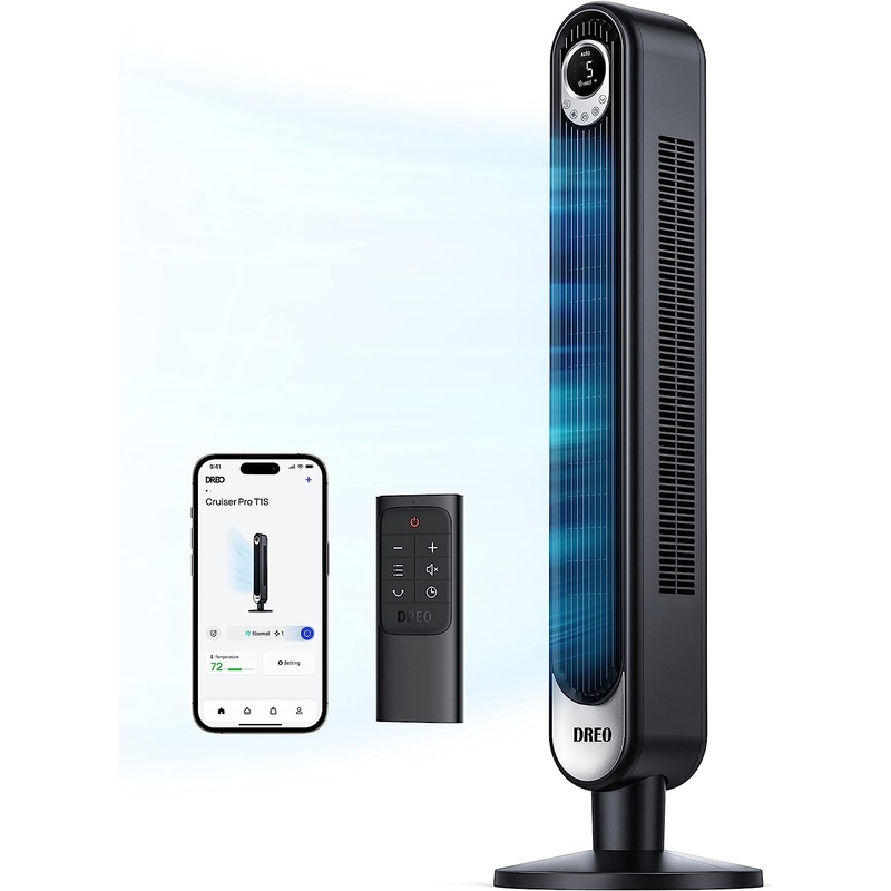 Dreo Smart Tower Fan WiFi Voice Control, Works with Alexa/Google, Cruiser Pro T1S Floor Standing Bladeless Oscillating Fan with Remote, 6 Speeds, 4 Modes, 12H Timer, for Indoor Bedroom Home Office | Bigbigmart.com