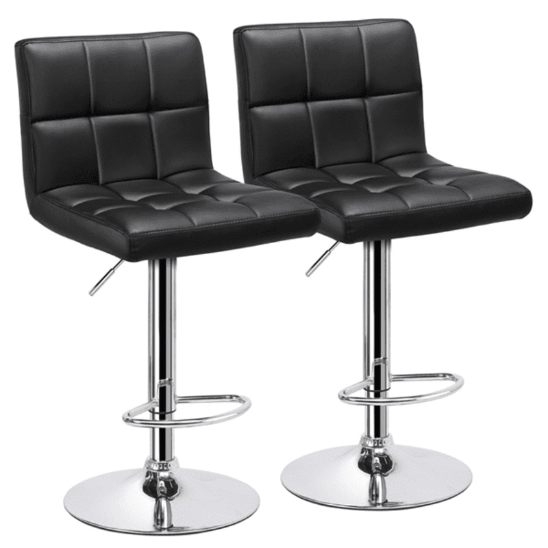 Easyfashion Adjustable Modern Faux Leather Mid-Back Bar Stool, Set of 2, Black | Bigbigmart.com