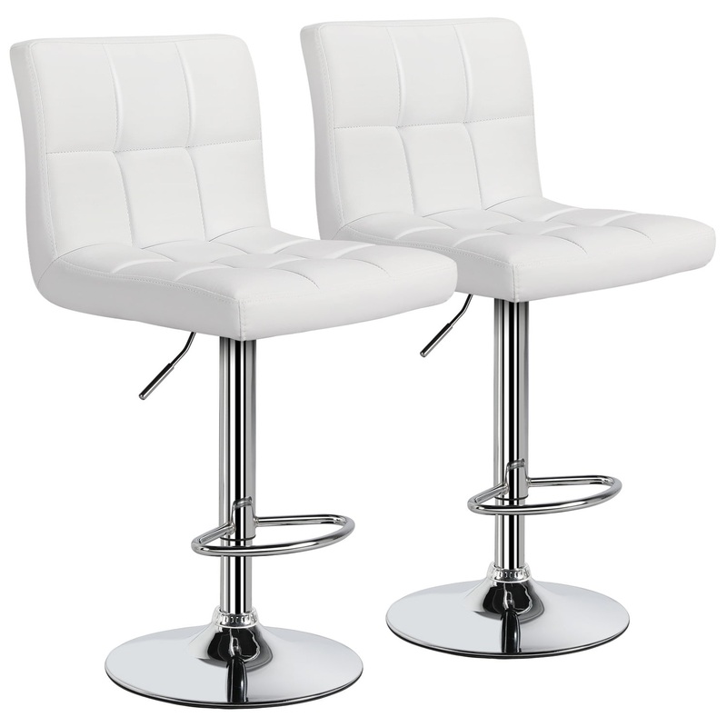 Easyfashion Adjustable Modern Faux Leather Mid-Back Bar Stool, Set of 2, White | Bigbigmart.com