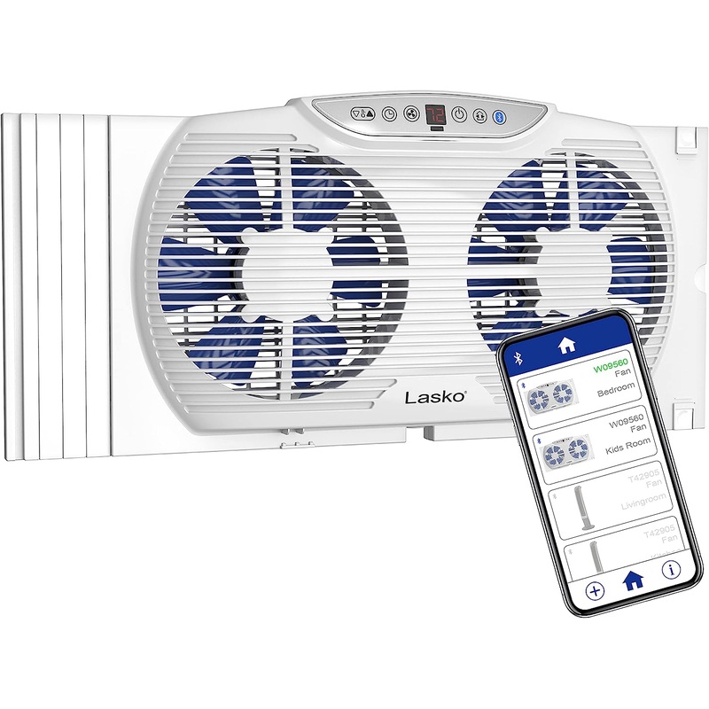 Lasko W09560 Bluetooth Enabled Twin 9-Inch Window Fan with Independent Electrically Reversible Intake & Exhaust Motors with Thermostat and Timer for Bedroom Indoor Home Use, White | Bigbigmart.com
