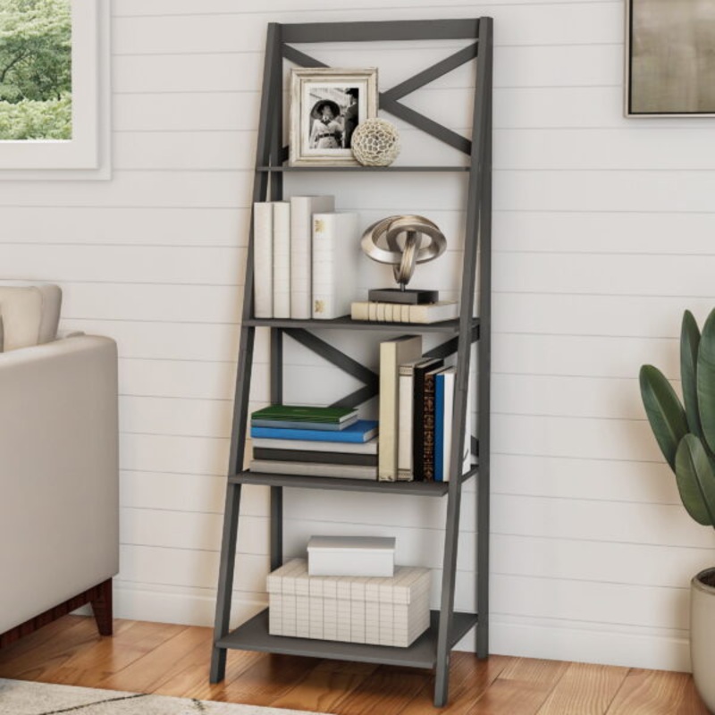 Lavish Home 4-Tier Freestanding Ladder Bookshelf with X-Back Frame, Gray | Bigbigmart.com