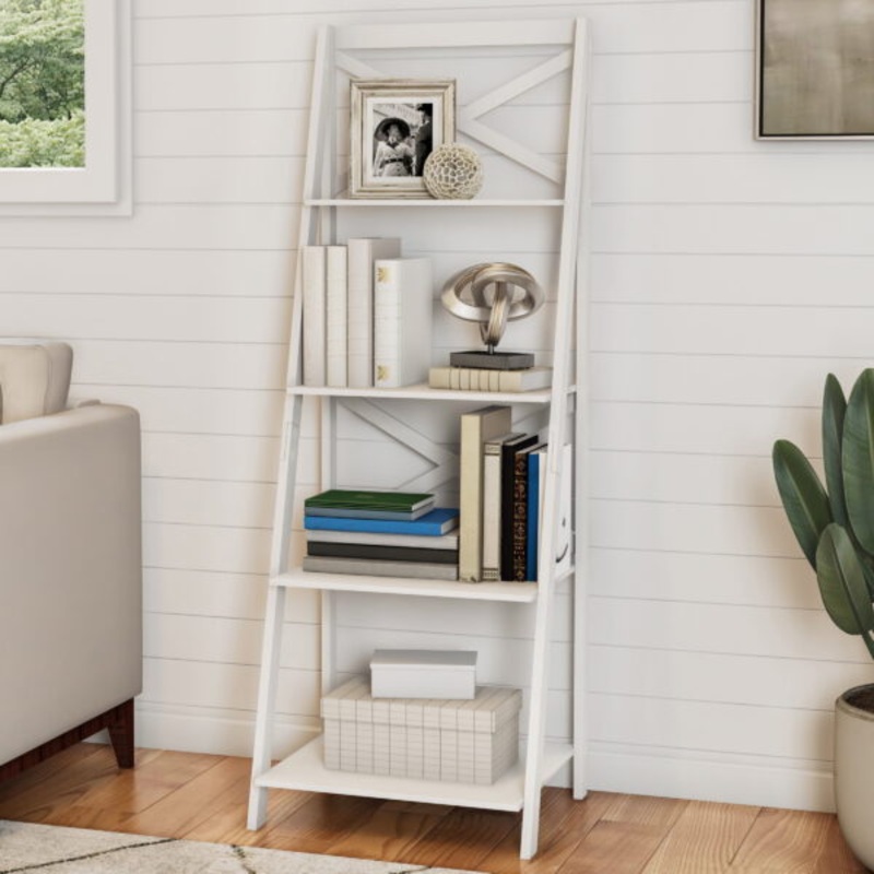 Lavish Home 4-Tier Freestanding Ladder Bookshelf with X-Back Frame, White | Bigbigmart.com