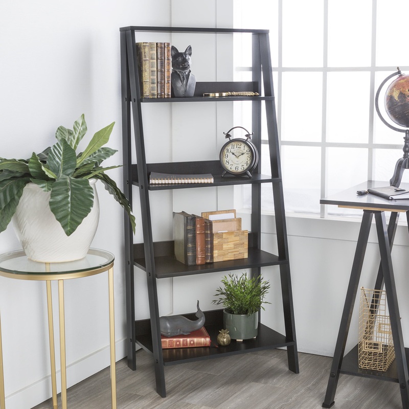 Manor Park 4-Shelf Wood Leaning Ladder Bookshelf, Black | Bigbigmart.com