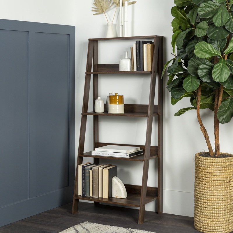 Manor Park 55 inch Modern Wood Ladder Bookcase, Walnut | Bigbigmart.com