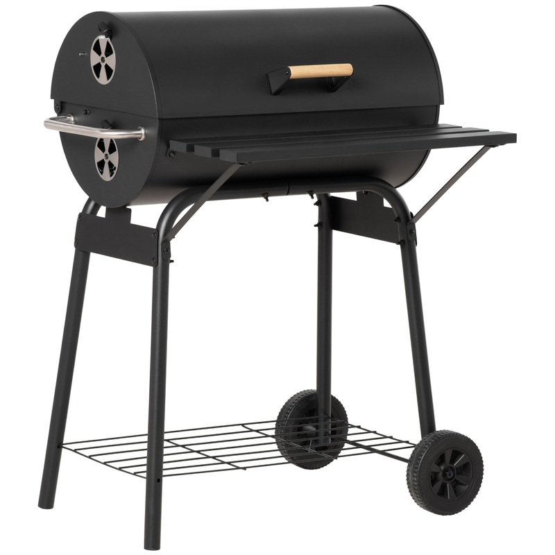 Outsunny 30 Portable Barrel Charcoal BBQ Grill with 4-Position Adjustable Charcoal Rack, Carbon Steel Outdoor Barbecue Smoker with Storage Shelf, Wheel, for Garden Camping Picnic | Bigbigmart.com