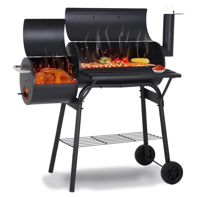 SKONYON Outdoor Portable BBQ Charcoal Grill with Offset Smoker, Black | Bigbigmart.com
