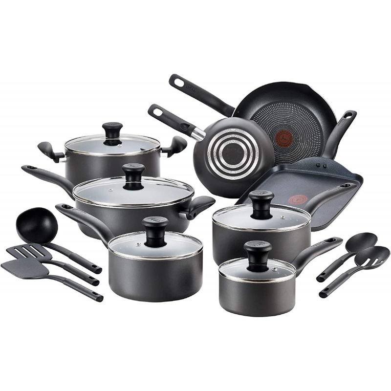T-fal Initiatives Nonstick Cookware Set 18 Piece Pots and Pans, Dishwasher Safe Black | Bigbigmart.com