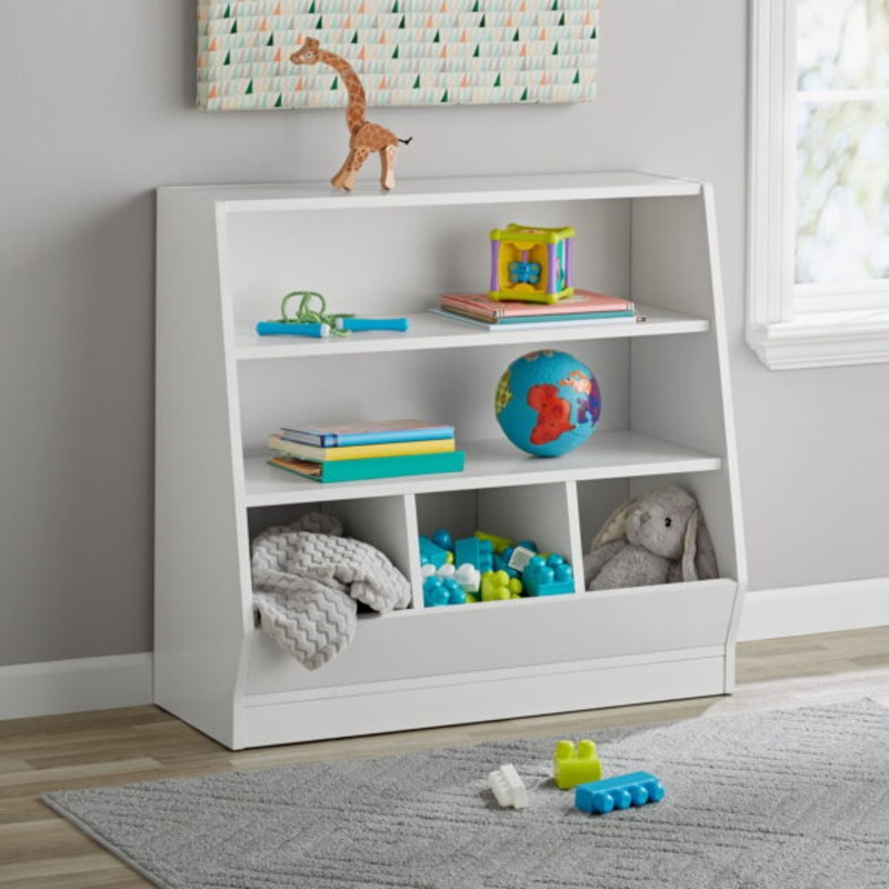 Your Zone Kids Bin Storage and Two Shelf Bookcase, White | Bigbigmart.com