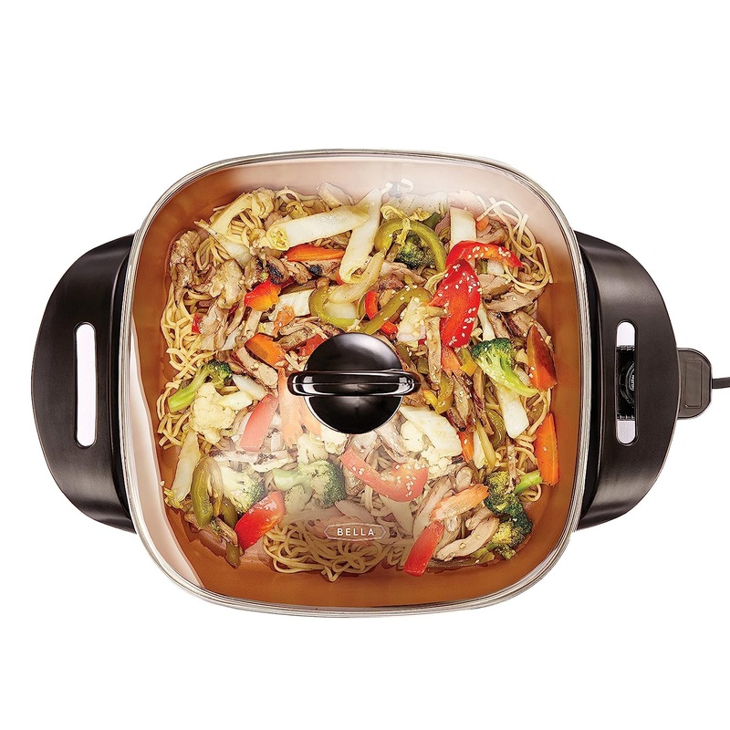 BELLA Electric Skillet and Frying Pan with Glass Lid, Nonstick Coating, Cool Touch Handles, Removable Heating Probe, Dishwasher Safe, 12 x 12 inch, Copper | Bigbigmart.com