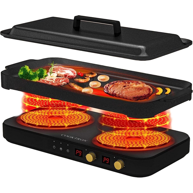 COOKTRON Portable Induction Cooktop 2 Burner with Removable Iron Cast Griddle Pan Non-stick, 1800W Double Induction Cooktop with Child Safety Lock & Time, Great for Family Party | Bigbigmart.com