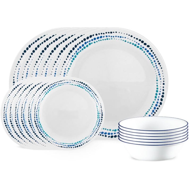 Corelle Vitrelle 18-Piece Service for 6 Dinnerware Set, Triple Layer Glass and Chip Resistant, Lightweight Round Plates and Bowls Set, Ocean Blue | Bigbigmart.com