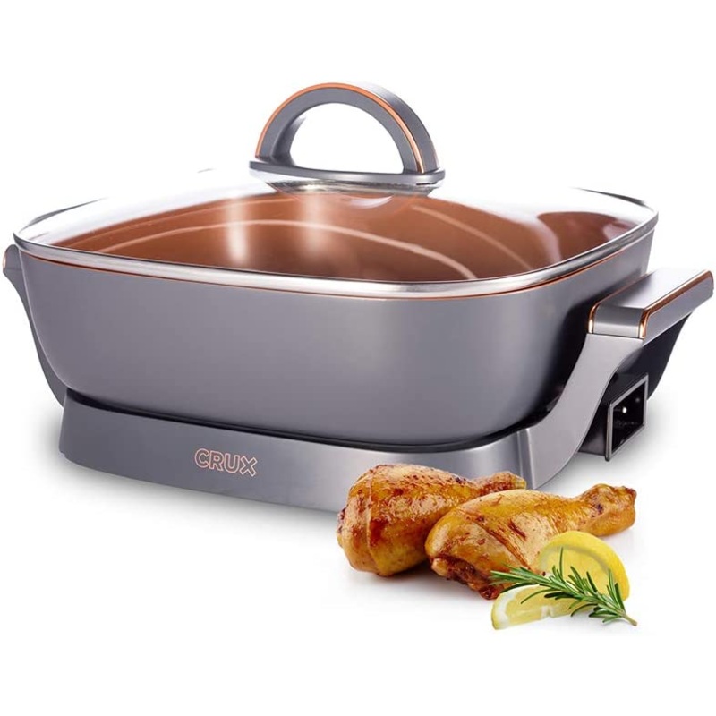 CRUX Electric Skillet with Glass Lid – Nonstick Scratch Resistant Ceramic Pan, Extra Deep with Removable Temperature Probe, 12 x 12, 1400 Watts | Bigbigmart.com