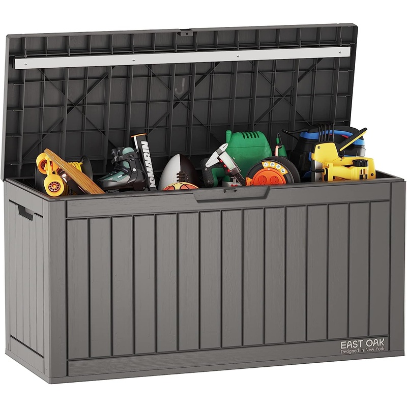 EAST OAK 60 Gallon Deck Box, Outdoor Storage Box with Padlock for Patio Furniture, Patio Cushions, Gardening Tools, Pool Supplies, Waterproof and UV Resistant Resin, Grey | Bigbigmart.com