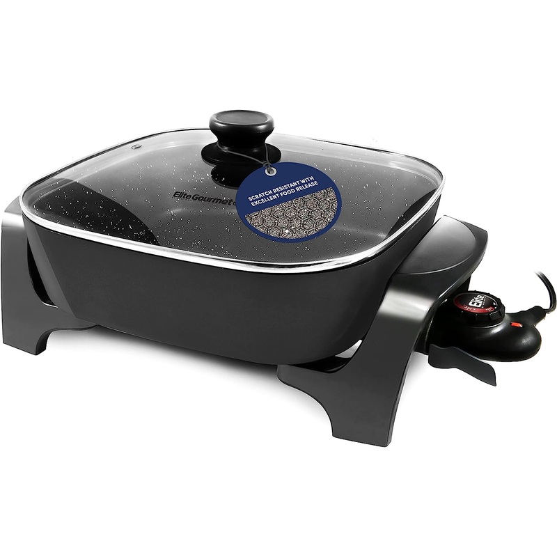 Elite Gourmet EG6201 Extra Deep 12x12x3.2 (7.5Qt.) Scratch Resistant Dishwasher Safe, Non-stick Electric Skillet with Glass Vented Lid, Adjustable Temperature, Black | Bigbigmart.com