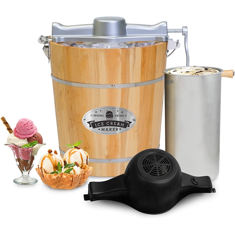 Elite Gourmet Old Fashioned 4 Quart Vintage Appalachian Wood Bucket Electric Ice Cream Maker Machine, Bonus Classic Die-Cast Hand Crank for Churning, Uses Ice and Rock Salt Churns Ice Cream in Minute | Bigbigmart.com