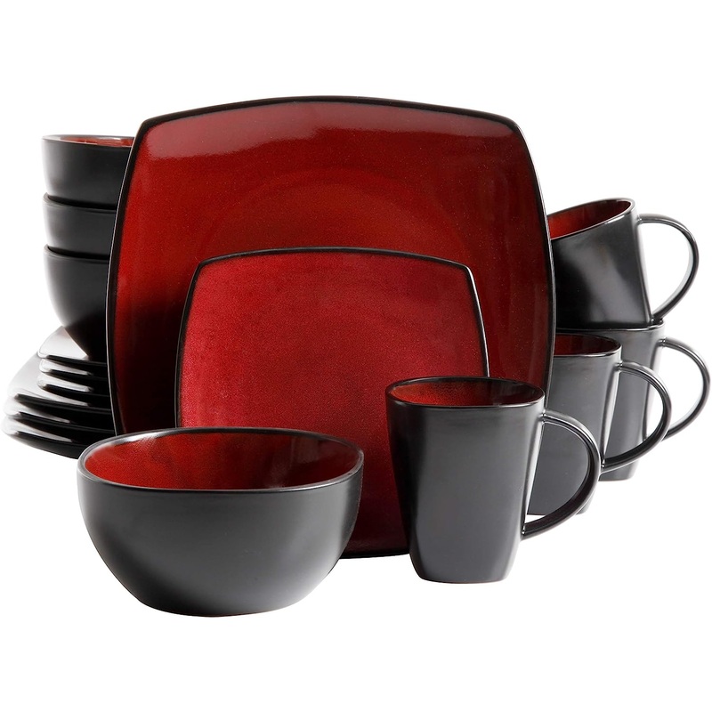 Gibson Soho Lounge 16-Piece Square Reactive Glaze Dinnerware Set, Red | Bigbigmart.com