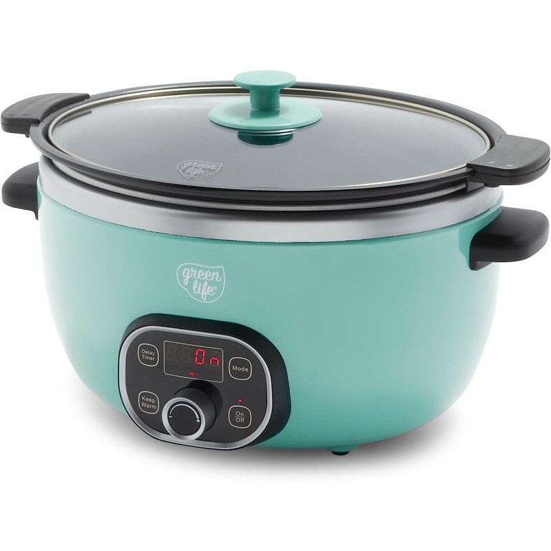 GreenLife Cook Duo Healthy Ceramic Nonstick Programmable 6 Quart Family-Sized Slow Cooker, PFAS-Free, Removable Lid and Pot, Digital Timer, Dishwasher Safe Parts, Pink | Bigbigmart.com