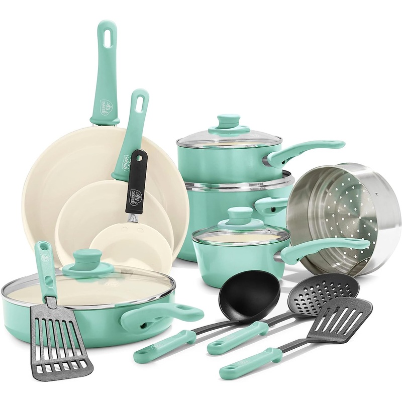 GreenLife Soft Grip Healthy Ceramic Nonstick 16 Piece Kitchen Cookware Pots and Frying Sauce Pans Set, PFAS-Free, Dishwasher Safe, Soft Pink | Bigbigmart.com