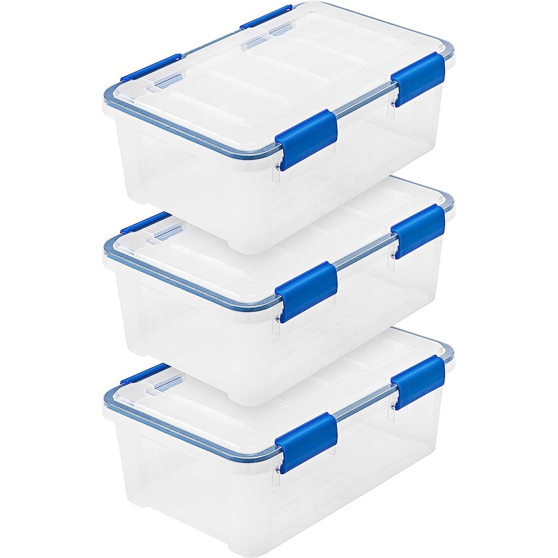 IRIS USA 16 Quart WEATHERPRO Plastic Storage Box with Durable Lid and Seal and Secure Latching Buckles, Clear With Blue Buckles, Weathertight, 3 Pack | Bigbigmart.com