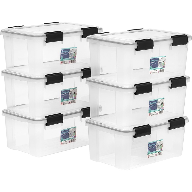 IRIS USA 19 Quart WEATHERPRO Plastic Storage Box with Durable Lid and Seal and Secure Latching Buckles, Weathertight, Clear with Black Buckles, 6 Pack | Bigbigmart.com