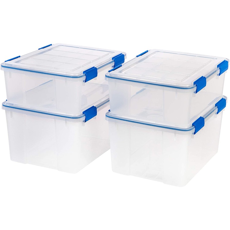 IRIS USA 26.5 & 44 Quart Combo WEATHERPRO Plastic Storage Box with Durable Lid and Seal and Secure Latching Buckles, Clear With Blue Buckles, Weathertight, 4 Pack | Bigbigmart.com