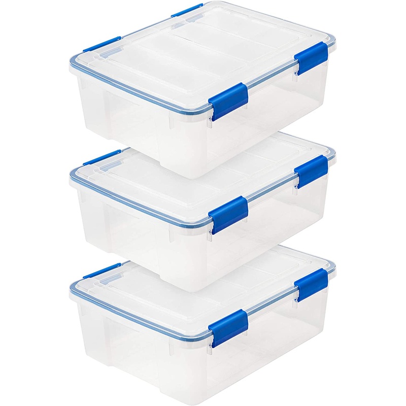 IRIS USA 26.5 Quart WEATHERPRO Plastic Storage Box with Durable Lid and Seal and Secure Latching Buckles, Clear With Blue Buckles, Weathertight, 3 Pack | Bigbigmart.com
