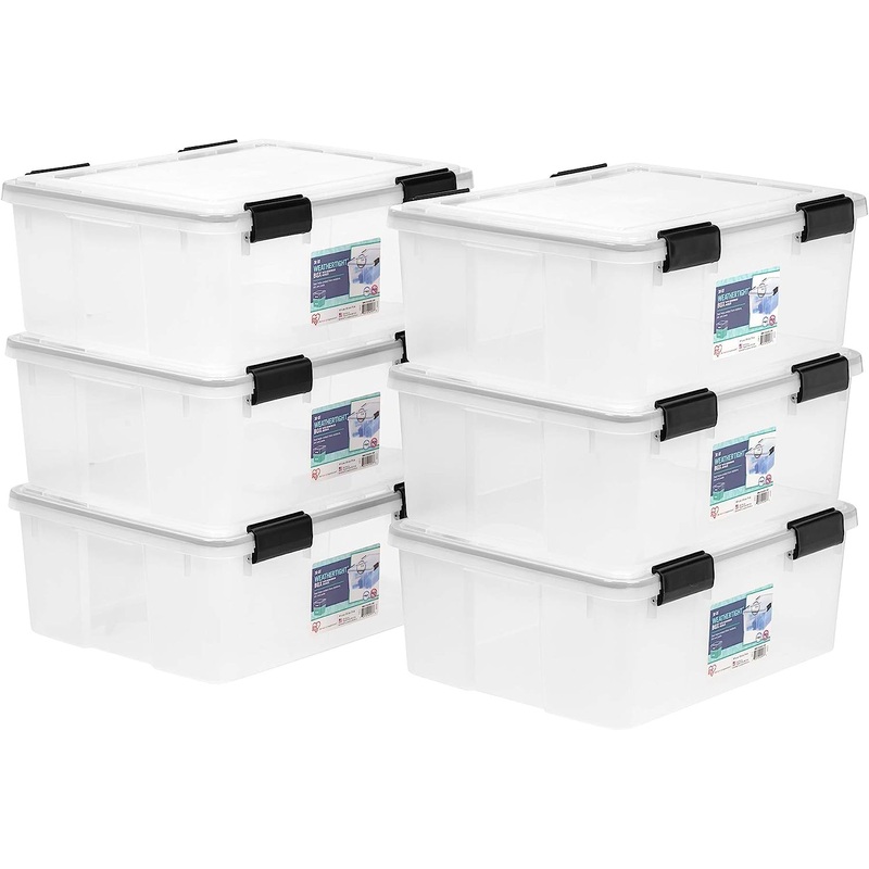 IRIS USA 30.6 Quart WEATHERPRO Plastic Storage Box with Durable Lid and Seal and Secure Latching Buckles, Weathertight, Clear with Black Buckles, 6 Pack | Bigbigmart.com