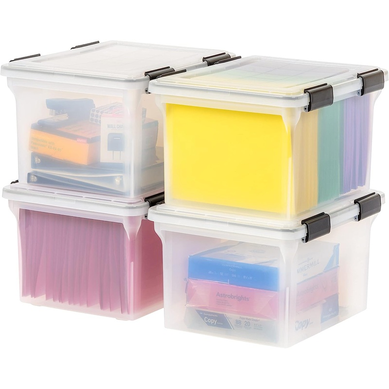 IRIS USA 32 Qt. WEATHERPRO Letter Size Portable File Box, 4 Pack, Plastic Storage Container with Durable Lid and Seal and Secure Latching Buckles, Weathertight, Clear with Black Buckles | Bigbigmart.com