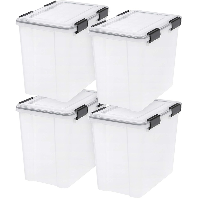 IRIS USA 36 Quart WEATHERPRO Plastic Storage Box with Durable Lid and Seal and Secure Latching Buckles, Weathertight, Clear with Black Buckles, 4 Pack | Bigbigmart.com