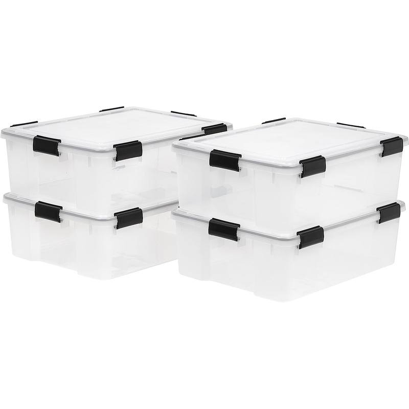 IRIS USA 41 Quart WEATHERPRO Plastic Storage Box with Durable Lid and Seal and Secure Latching Buckles, Weathertight, Clear with Black Buckles, 4 Pack | Bigbigmart.com