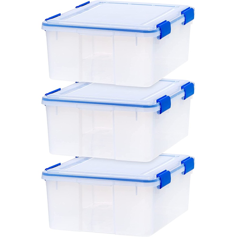 IRIS USA 60 Quart WEATHERPRO Plastic Storage Box with Durable Lid and Seal and Secure Latching, Clear With Blue Buckles, Weathertight, 3 Pack | Bigbigmart.com
