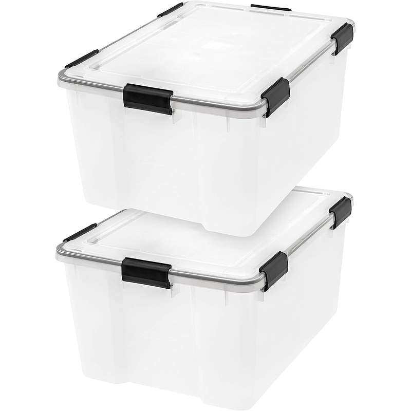 IRIS USA 62.8 Quart WEATHERPRO Plastic Storage Box with Durable Lid and Seal and Secure Latching Buckles, Weathertight, Clear with Black Buckles, 2 Pack | Bigbigmart.com