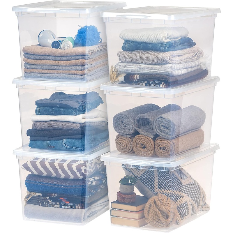 IRIS USA 68 Qt. Plastic Storage Container Bin with Latching Lid, 6 Pack, Stackable Nestable Box Tote Closet Organization School Art Supplies Towels Blankets Comforters Sleeping Bags – Clear | Bigbigmart.com