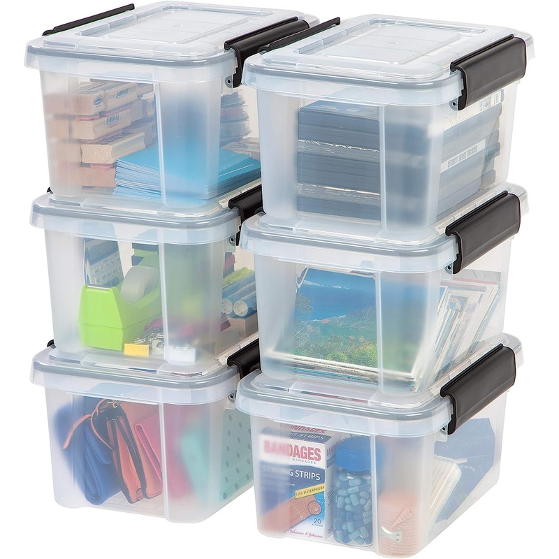 IRIS USA 7 Quart WEATHERPRO Plastic Storage Box with Durable Lid and Seal and Secure Latching Buckles, Weathertight, Clear with Black Buckles, 6 Pack | Bigbigmart.com